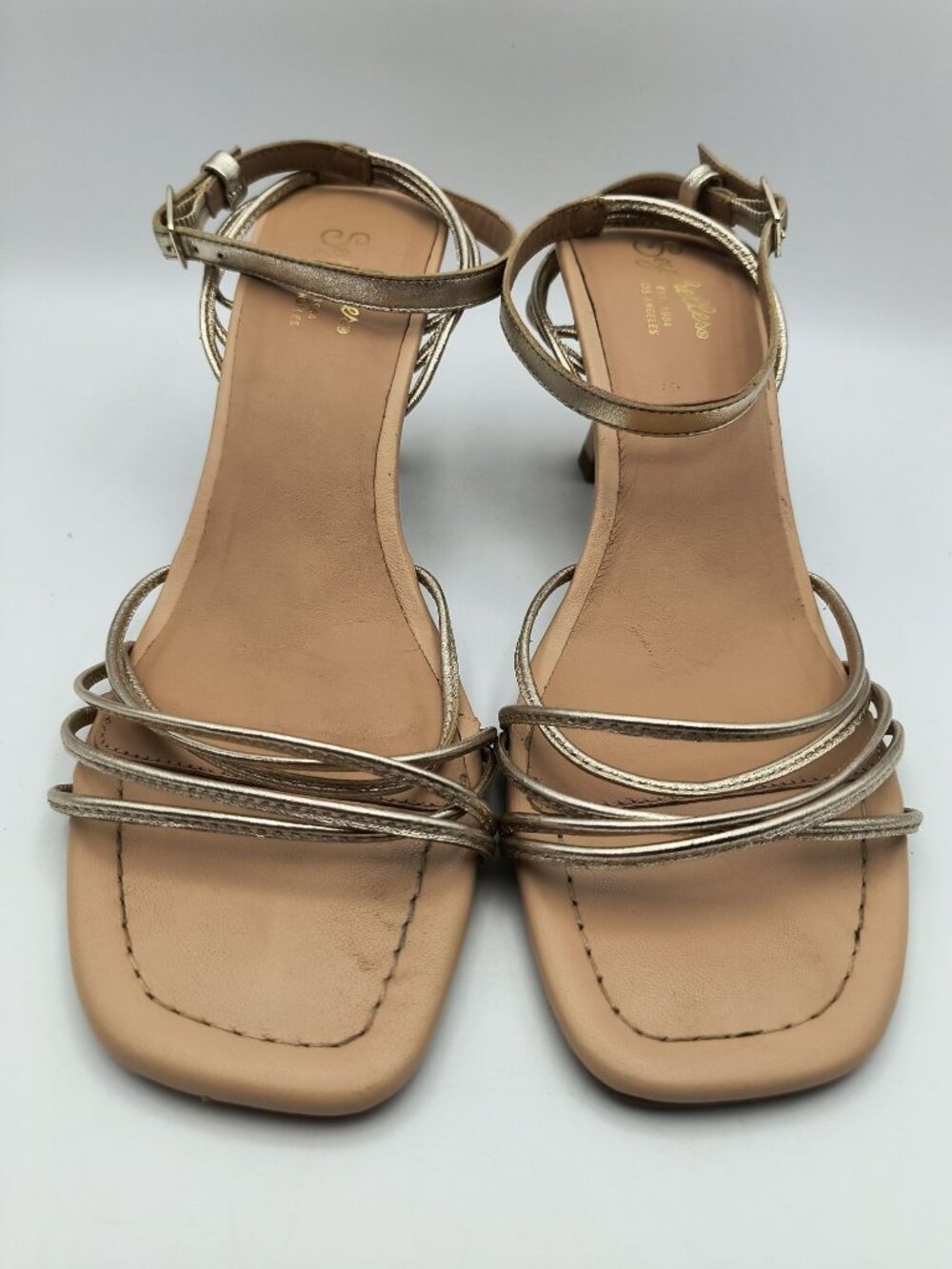 Seychelles Strappy Gold Leather Heeled Sandals Size 10 With Buckle Closure